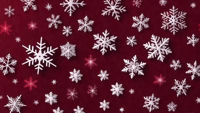 The primary subject of the image is a close-up of a snowflake pattern, which is a digital artwork. The setting is a red background, and the visual style is a combination of digital art and illustration. The dominant colors are white and red, creating a warm and cozy atmosphere.